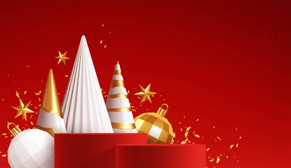 Feliz Natal Handmade Holiday Background.Red pódio produto com branco e ouro decorações de Natal em um fundo vermelho. Ilustração vetorial —  Vetores de Stock