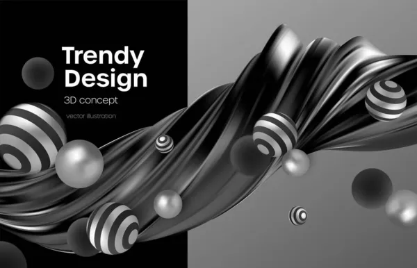 Siyah ve gümüş küreler ve organik dalga şekli ile modern moda arka plan. Geometrik soyut arkaplan. Vektör illüstrasyonu — Stok Vektör