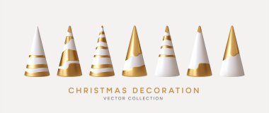 Noel süslemeleri vektör koleksiyonu. Beyaz arka planda izole edilmiş gerçekçi 3D beyaz altın dekorasyon seti. Noel ağaçları. Vektör illüstrasyonu