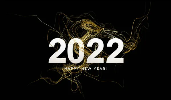 Nagłówek kalendarza 2022 ze złotymi falami wirującymi złotymi iskrami na czarnym tle. Szczęśliwego Nowego Roku 2022 tło złote fale. Ilustracja wektora — Wektor stockowy