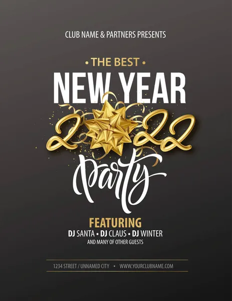 Novoroční typografický plakát se zlatým realistickým nápisem z roku 2022, dárkovou mašlí, zlatým cínem a zlatými konfetami na černém pozadí. Vektorová ilustrace — Stockový vektor
