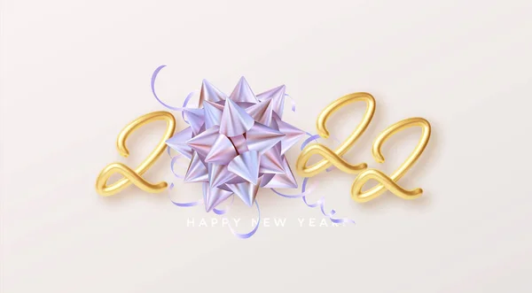 2022 års festaffisch. Nytt år nummer med gyllene gåva båge. Vektorillustration — Stock vektor