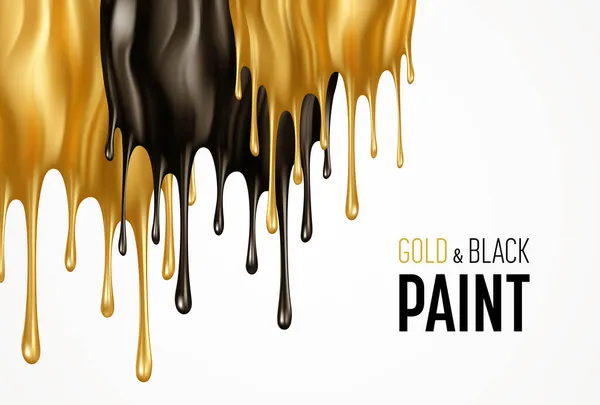 El oro realista y la pintura negra gotean aislados sobre un fondo blanco. Goteando, fluyendo pintura negra y dorada. Flujo de fluidos dorados. Ilustración vectorial — Vector de stock