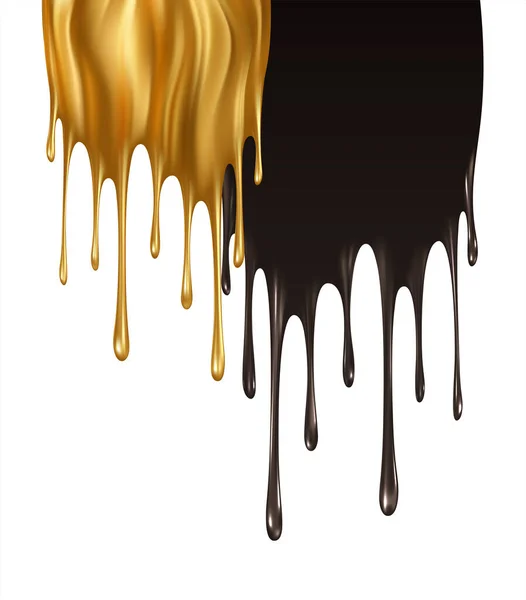 Realistic gold and black paint drips isolated on a white background. Dripping, flowing black and gold paint. Golden Fluid Flow. Vector illustration — Stock Vector