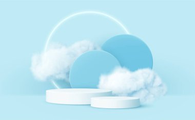 3d realistic podium product and smoke clouds. Blue and white 3d render scene with product podium display and clouds. Vector illustration clipart