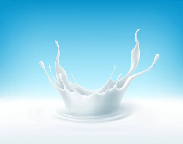 Kroon plons vloeibare room. Realistische 3d maken Splash van witte vloeistof, stroom van romige textuur, splash van melk. Vectorillustratie — Stockvector