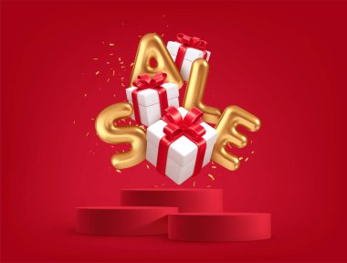 Realistic 3d gift boxes with red gift bows and Gold word Sale in the red background product podium scene and golden confetti. Vector illustration
