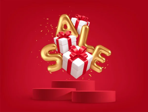 Realista 3d cajas de regalo con arcos de regalo rojo y oro palabra venta en el fondo rojo escena del podio del producto y confeti de oro. Ilustración vectorial — Vector de stock