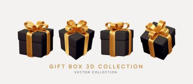 2023 3d Realistic Black Gift Boxes with Gold Ribbon Gift Bow Set. Christmas Decoration Vector illustration EPS10