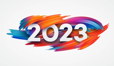 Happy New Year and Christmas 2023. 2023 typography on a background of bright colored paint strokes. New Year holiday greeting card. Vector illustration EPS10
