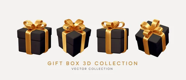 2023 Realistic Black Gift Boxes Gold Ribbon Gift Bow Set Ilustraciones de stock libres de derechos