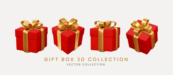 2023 Realistic Red Gift Boxes Gold Ribbon Gift Bow Set Ilustraciones de stock libres de derechos