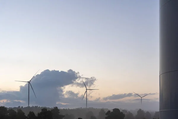 Landscape Sunrise Silhouettes Windmills Generate Renewable Electricity — Stock Photo, Image