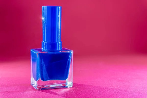 Close Selective Focus Bottle Blue Nail Polish Isolated Pink Background — Stock Photo, Image