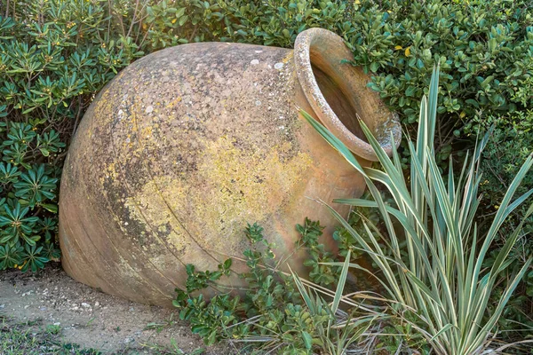  Süslemek için bahçeye konmuş büyük bir kil kavanozu..