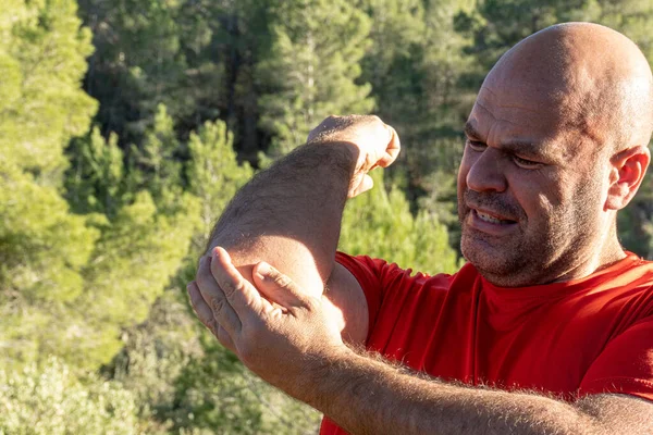 Caucasian Middle Aged Man Has Pain Problems His Elbow — Photo