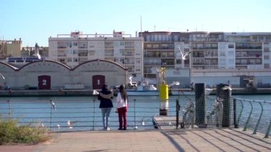Yavaş çekim, Gandia limanındaki martıları besleyen iki genç kızın dikiz görüntüsü.