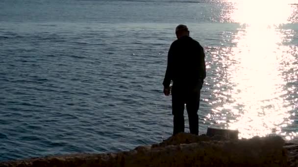 港の堤防の岩の上に網を持つ老人釣りのスローモーション シルエット — ストック動画