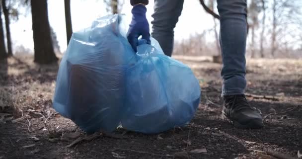 Уборка мусора в лесу, экоактивист — стоковое видео