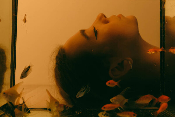 porrait of woman underwater with fish concept