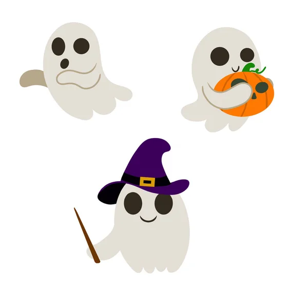 Set Cute Halloween Ghosts Pumpkin Witch Hat Magic Wand Design — Stock Vector