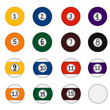 Farklı renklerde bilardo topları ve 1 'den 15' e kadar numaralar. Beyaz arka planda görüntü izolasyonu. Vektör illüstrasyonu