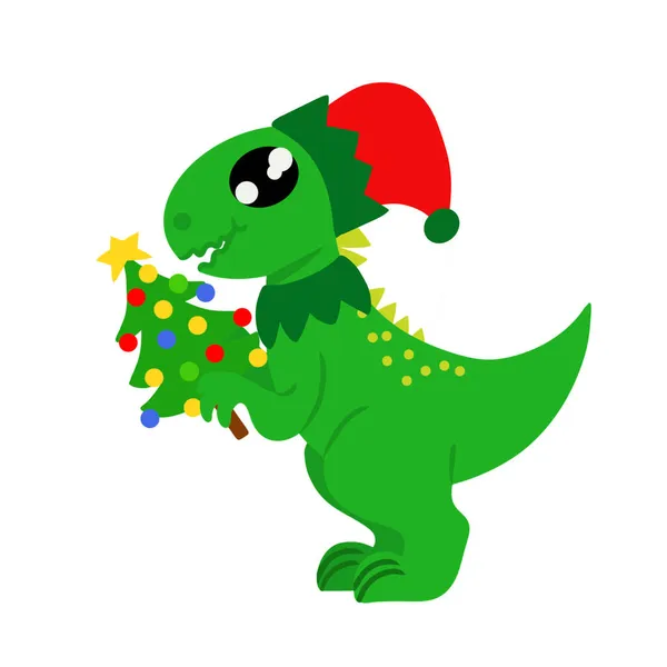 Adorable Green Dinosaur Dressed Elf Christmas Tree His Paws Image — Stock Vector