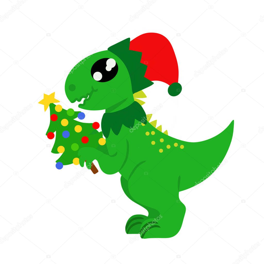 Adorable green dinosaur dressed as elf and with christmas tree in his paws. Image isolated on white background. Design element for design of thematic and festive postcards clothing posters accessories of stationery sites. Vector illustration