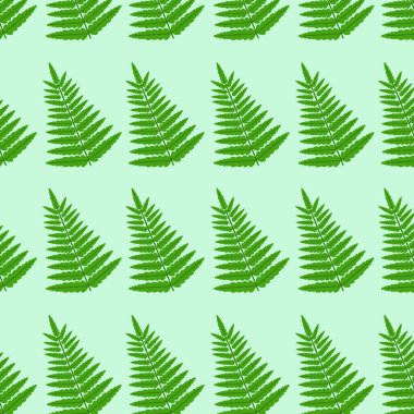 Renkli arka planda tekrarlanan eğreltiotu yapraklarının güzel yeşil deseni. Vektör çizimi. Kumaş kartpostallar üzerine yazdırma resmi menü afişlerinde arkaplan olarak kullanılacak