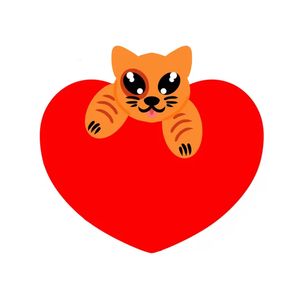 Sevimli Kızıl Kedi Büyük Kırmızı Kalbin Üzerinde Yatıyor Sevgililer Günü — Stok Vektör