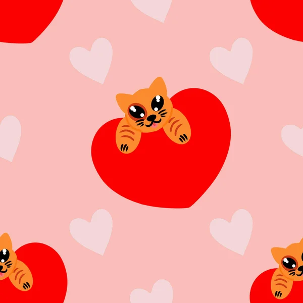 Adorable Gato Jengibre Gran Corazón Rojo Sobre Fondo Rosa Con — Vector de stock