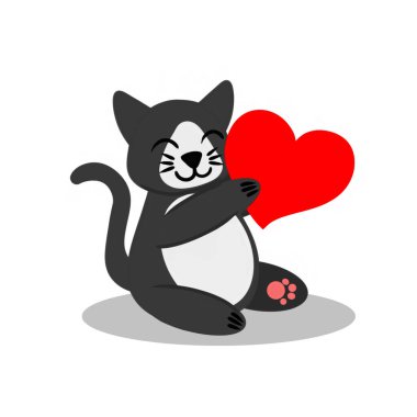 Beyaz benekleri olan sevimli siyah kedi kalbini pençelerinde tutuyor. Tasarım elemanı. Resim beyaz arkaplanda izole edildi. Kumaş notlar menü posterlerine baskı yapan neşeli kartpostal sitelerinin tasarımı için vektör illüstrasyonuName