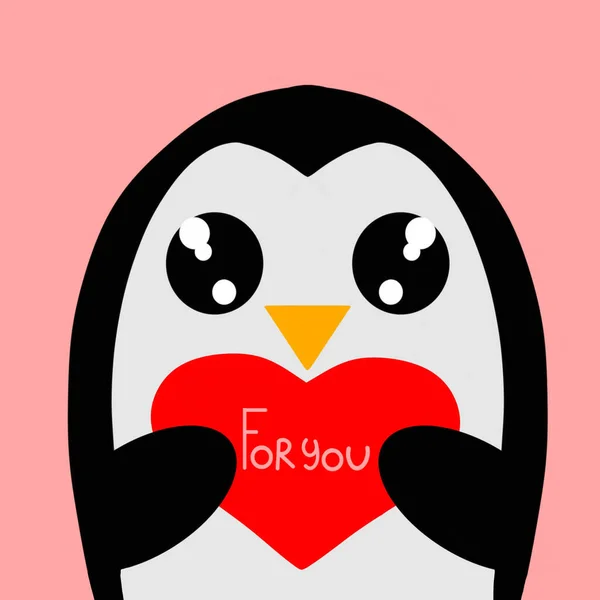 Pinguim Pequeno Adorável Com Coração Com Inscrição Fundo Rosa Postal — Vetor de Stock