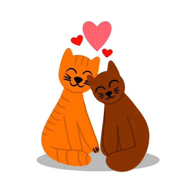 Adorable Pareja Gatos Con Corazones Rosados Rojos Lado Gato Rayas — Vector de stock