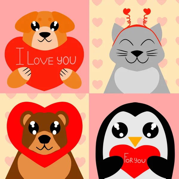 バレンタインデーのためのいくつかの愛らしいカード かわいいペンギンとクマの赤ちゃんの頭の上にフープとハート猫と犬 色の背景に隔離された画像 ベクトルイラスト デザイン要素 — ストックベクタ