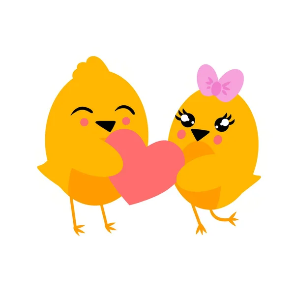 Charmant Stel Gele Kippen Die Hart Geven Valentijnsdag Vector Illustratie — Stockvector