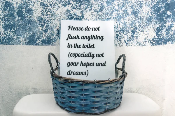 Friendly Reminder Toilet Sign Blue Basket Text Please Flush Anything Royalty Free Stock Photos
