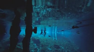 Meksika, Tulum 'daki' Gran Cenote 'doğal kireçtaşı havuzunda balık ve kaplumbağalarla yüzen ziyaretçilerin sualtı görüntüsü.