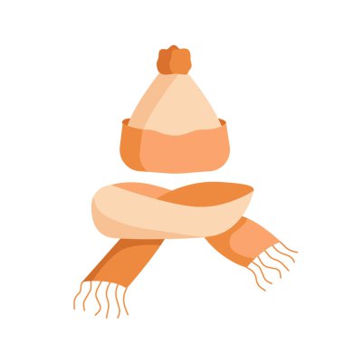 Hafif bej ve açık kahverengi renkte atkısı olan bir şapkanın vektör çizimi. Kış ya da sonbahar rahat giysiler, aksesuarlar. Moda endüstrisine, kataloglara, indirimli afişlere, broşürlere ve diğer tipografilere uygundur. 