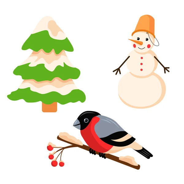 Set Elements Winter Theme Snowman Bullfinch Christmas Tree Vector Illustration — Stock Vector