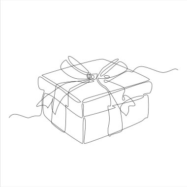 Fiyonklu hediye kutusu, tek çizgi vektör çizimi. Tipografi, web siteleri, baskılar, kartpostallar için elverişli 