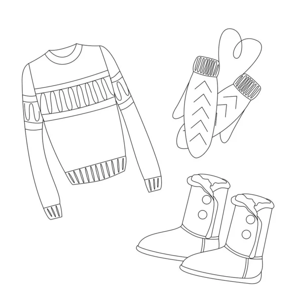 冬服アイテムのセット セーター ブーツ ミトン ベクトルアウトライン画像 衣類カタログ 技術的な図面や子供の本や着色本だけでなく はがきに適しています — ストックベクタ