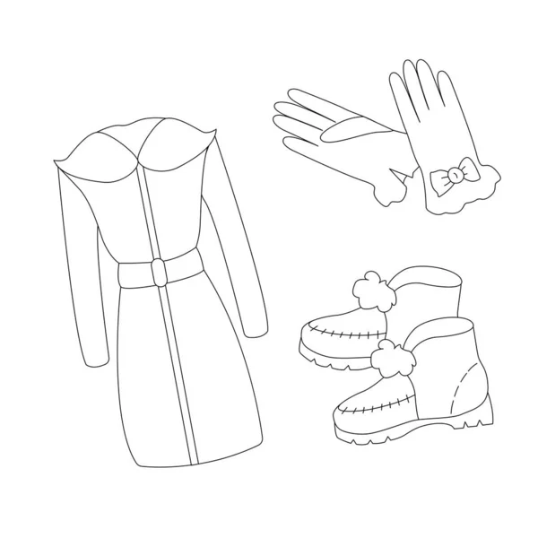 Téli Ruházat Készlet Kabát Csizma Kesztyű Vektor Vázlat Kép Ruházati — Stock Vector
