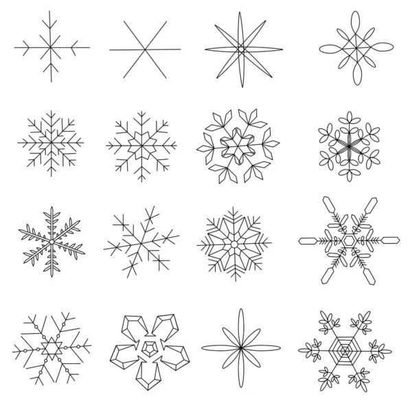 Large Set Simple Snowflakes Openwork Abstract Shapes Vector Outline Illustration — стоковый вектор