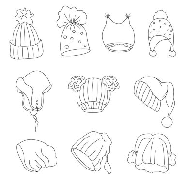 Bir dizi farklı şapka seti. Vektör çizgisi çizimi. Kartpostallar, kataloglar, şablonlar için uygun. Sosyal ağlarda paylaşım için. 