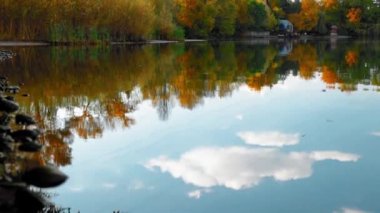 Sonbahar boyunca yansımaları ve renkli yaprakları olan inanılmaz göl manzarası.