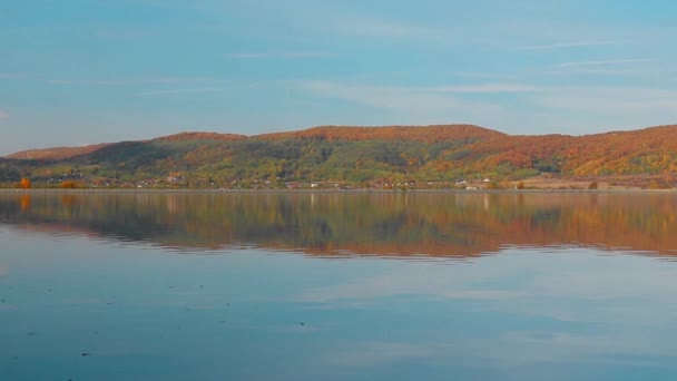 Verbazingwekkend Meer Landschap Met Reflecties Kleurrijke Bladeren Tijdens Herfst — Stockvideo