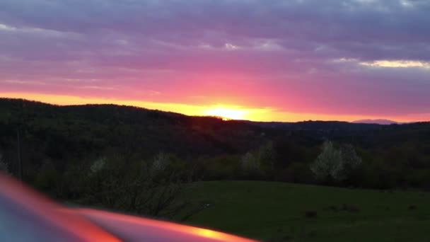 Splendido Tramonto Visto Dietro Auto Ambiente Rurale — Video Stock