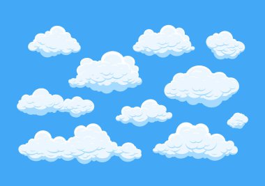 Mavi arkaplanda karikatür bulutları izole edilmiş. Kümülüs ve kabarık girdap mavi gökyüzünde. Elle çizilmiş eskiz. Bulut manzarası 2d vektör çizimleri.