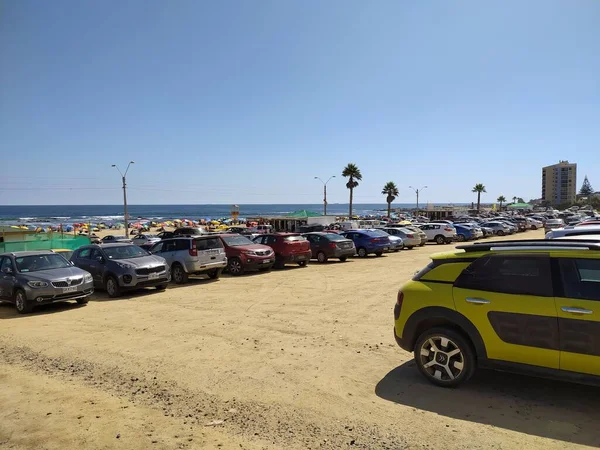 Mavi denizin önüne park eden araba.